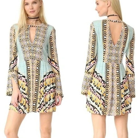 Free People Tegan Border Southwest Print Mini Long Sleeve Dress women's size 12